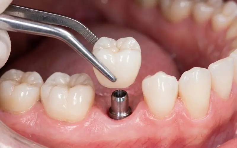 A porcelain crown being placed onto a dental implant post in the gum